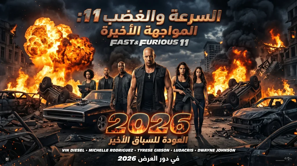 بوستر فيلم Fast & Furious 11 المنتظر سنة 2026، يضم فين ديزل ومشاهد أكشن وانفجارات في الشارع